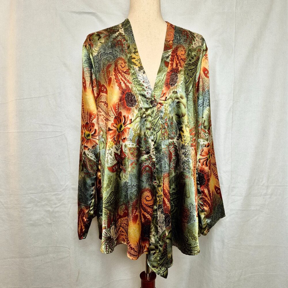 Chicos Womens Long Sleeves Top Blouse Green Warm Tones Multicolor Floral Size 3